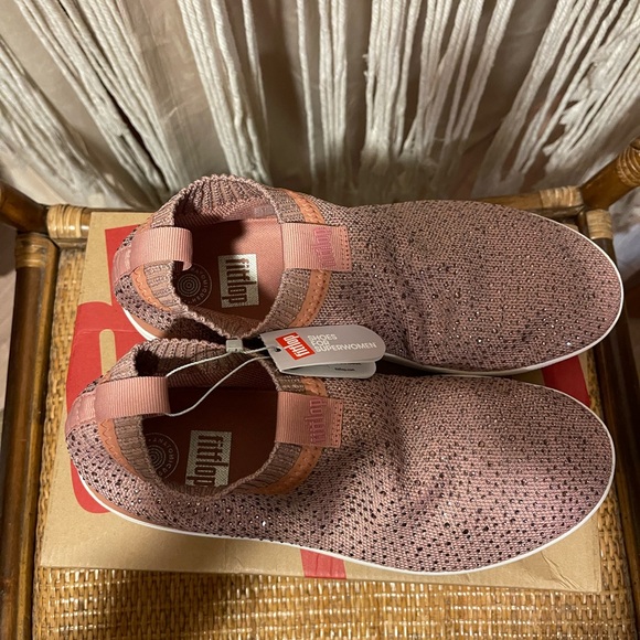 Brand new FitFlop Uberknit Slip-On sneakers w/ Crystals Dusky Pink & Soft Grey - Picture 7 of 16